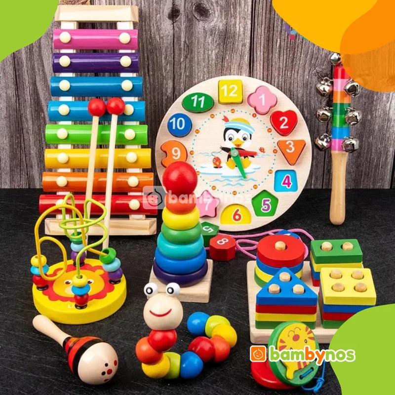 Kit Brinquedos de Madeira 9 em 1 Montessoriano Bambynos